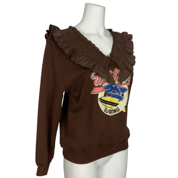 Wild Shark Surfing Sweatshirt By Panduola Studio S/M Brown Long Sleeve Upcycled - Picture 4 of 12